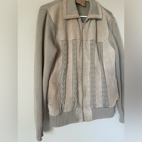 Unisex vintage Arctic Fox Tan Zip-Up leather front Sweater with Cable Knit NWOT - Picture 8 of 9